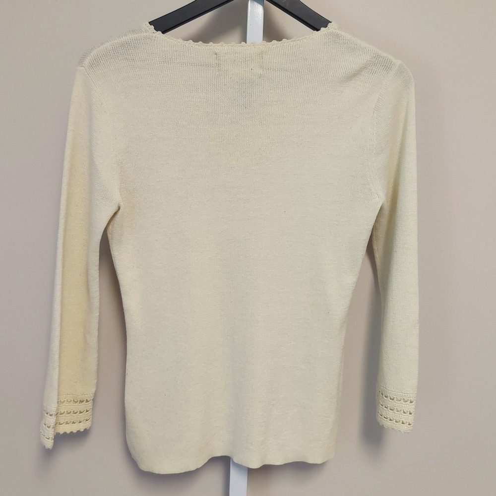 Sag Harbor Petite Cream Crochet V-Neck Ramie Blend Knit Sweater Top PXS Coquette - Picture 3 of 9